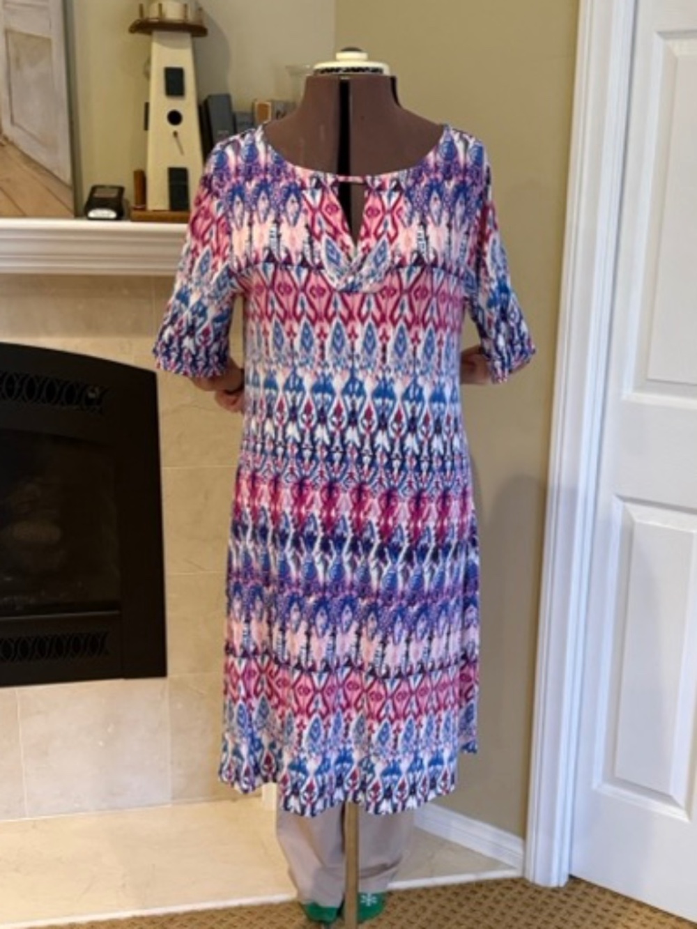 Chico’s Ikat Print Shift Dress Pink Blue 3/4 Sleeve Size 1